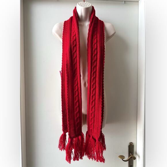 Aris Cable Knit Fringe Scarf Women’s One Size 70x8, Red - Picture 3 of 9